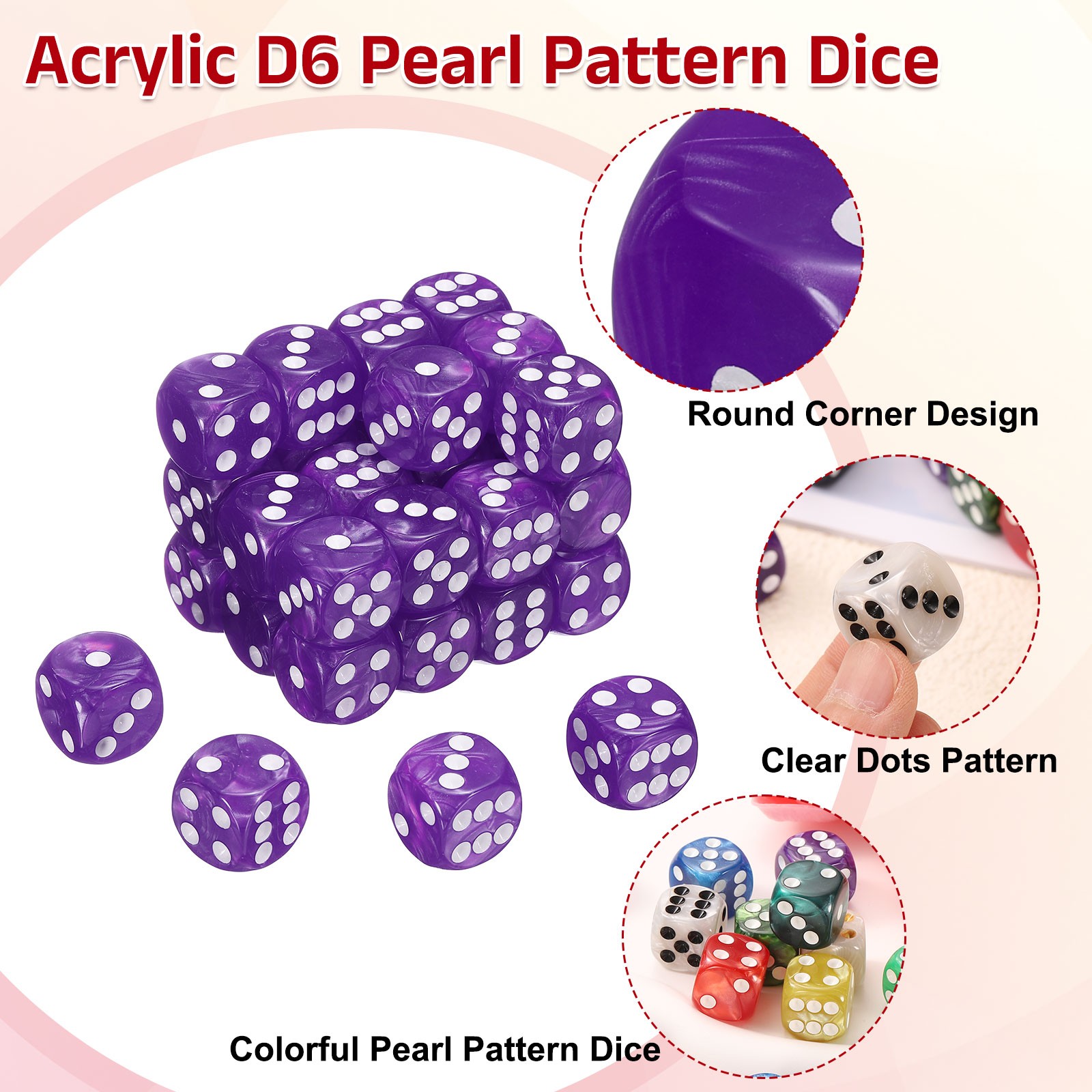 48Pcs 6 Sided Colored Standard Dice, Acrylic D6 Pearl Pattern Dice, Purple