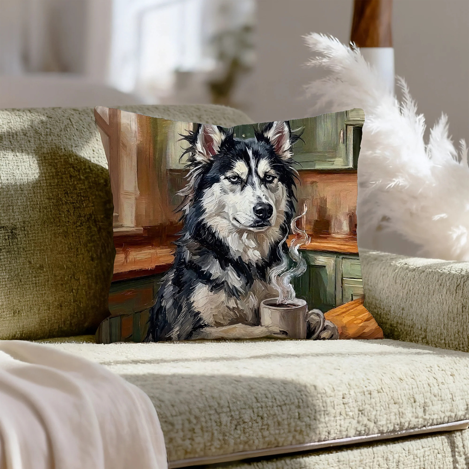 "Before Coffee" - Husky Pillow Cover - Dog Lover Home Decor