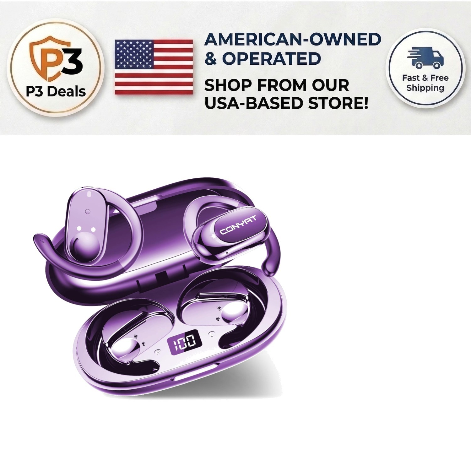 Dynamic Bluetooth 5.4 Earbuds with 58-Hour Battery - Open Ear Design, Purple