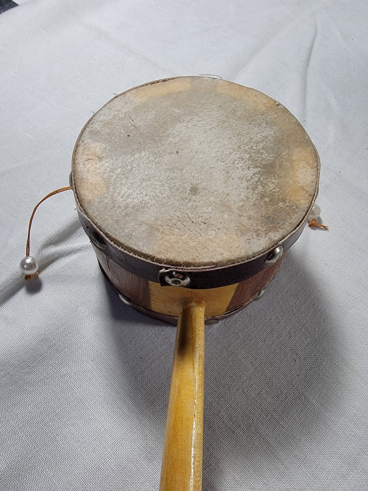 Vintage Wooden Hand Drum Toy Instrument Animal Hide Skin Beaded