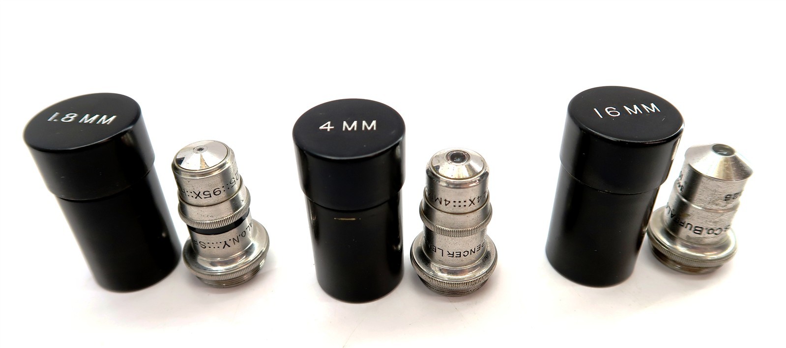 3 Spencer Lens Microscope Objectives 1.25 95x, 0.66 44x & 0.25 10x with Cases