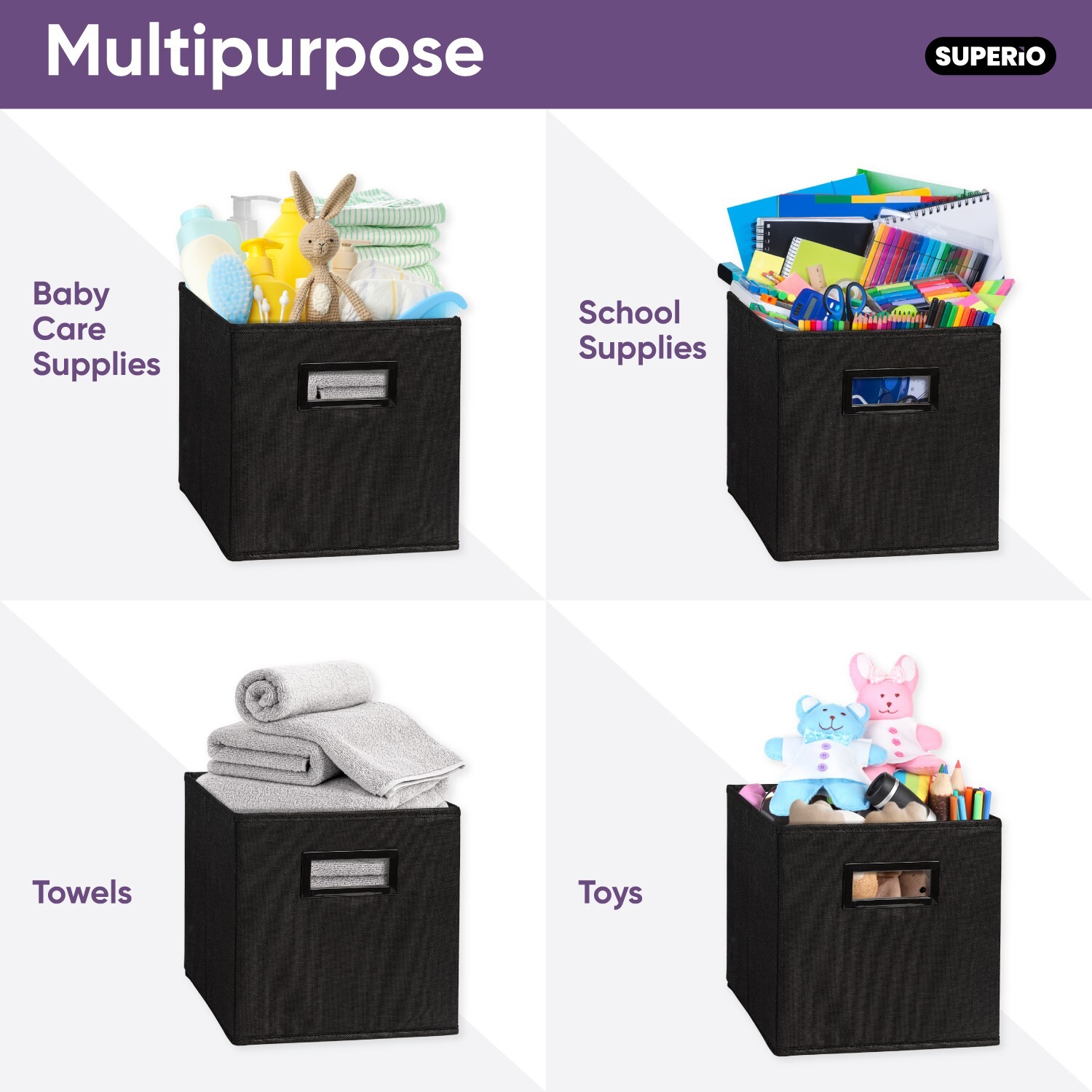Superio Fabric Organizing Bin, 11" Black Fabric Cube 2-Pack