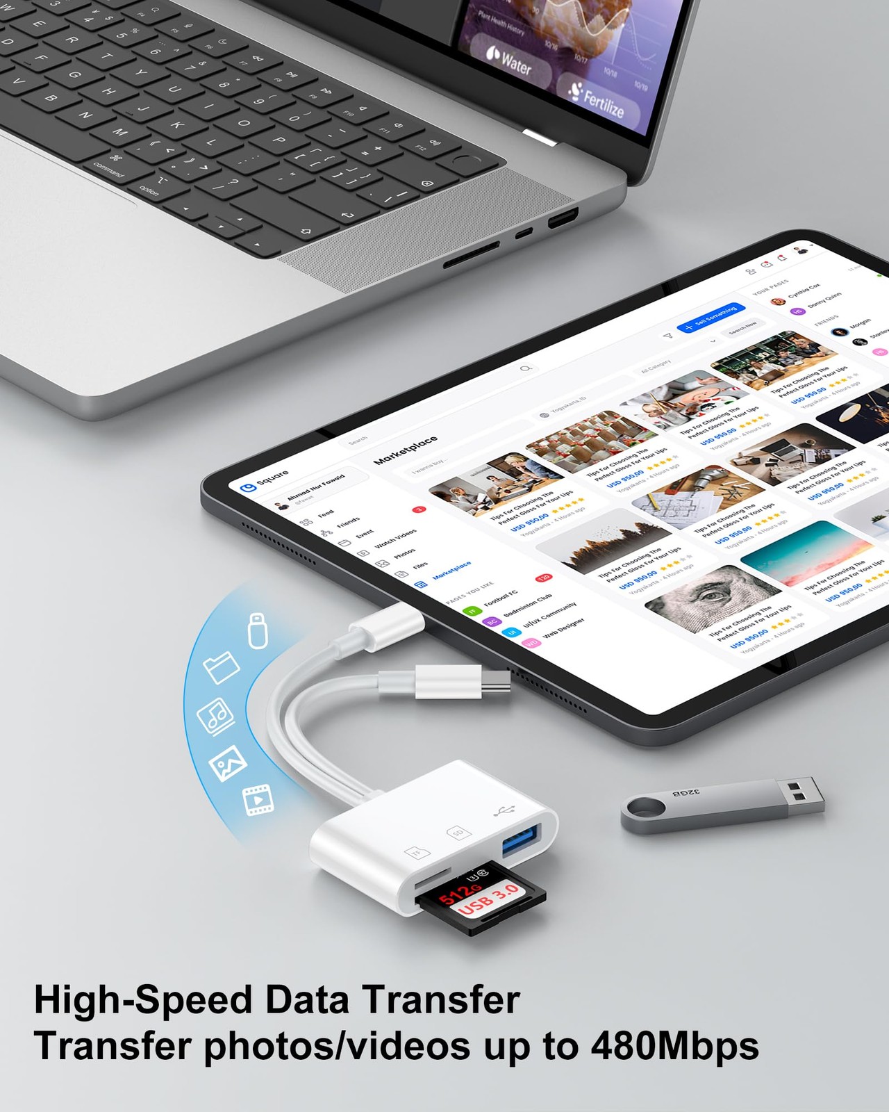 SD Card Reader for iPhone, iPad, Samsung, Memory USB White