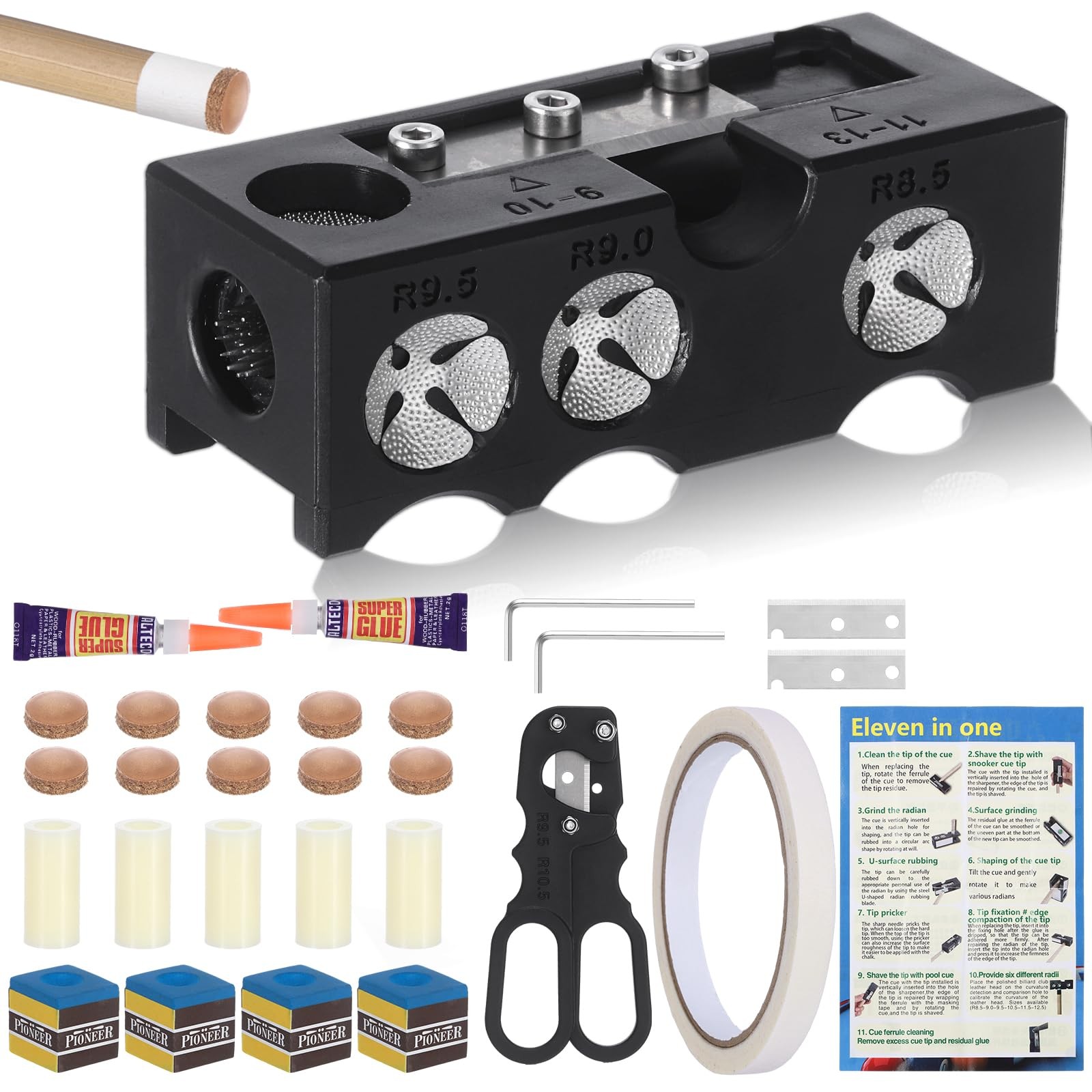 11-in-1 Billiards Pool Cue Tip Shaper, Aluminum Alloy Pool Stick Tips Kit, Po...
