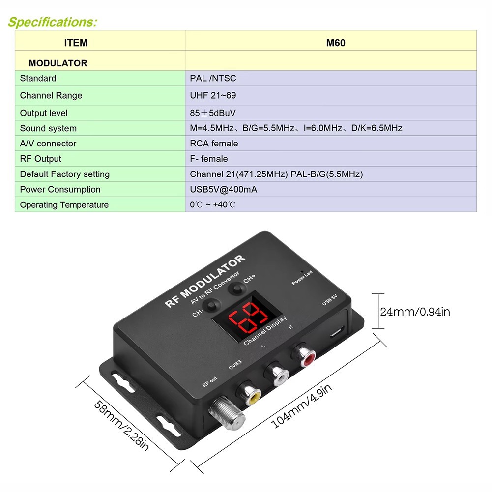 AV to RF Modulator M60 for TV Flexible Frequency Range USB Powered Easy Setup