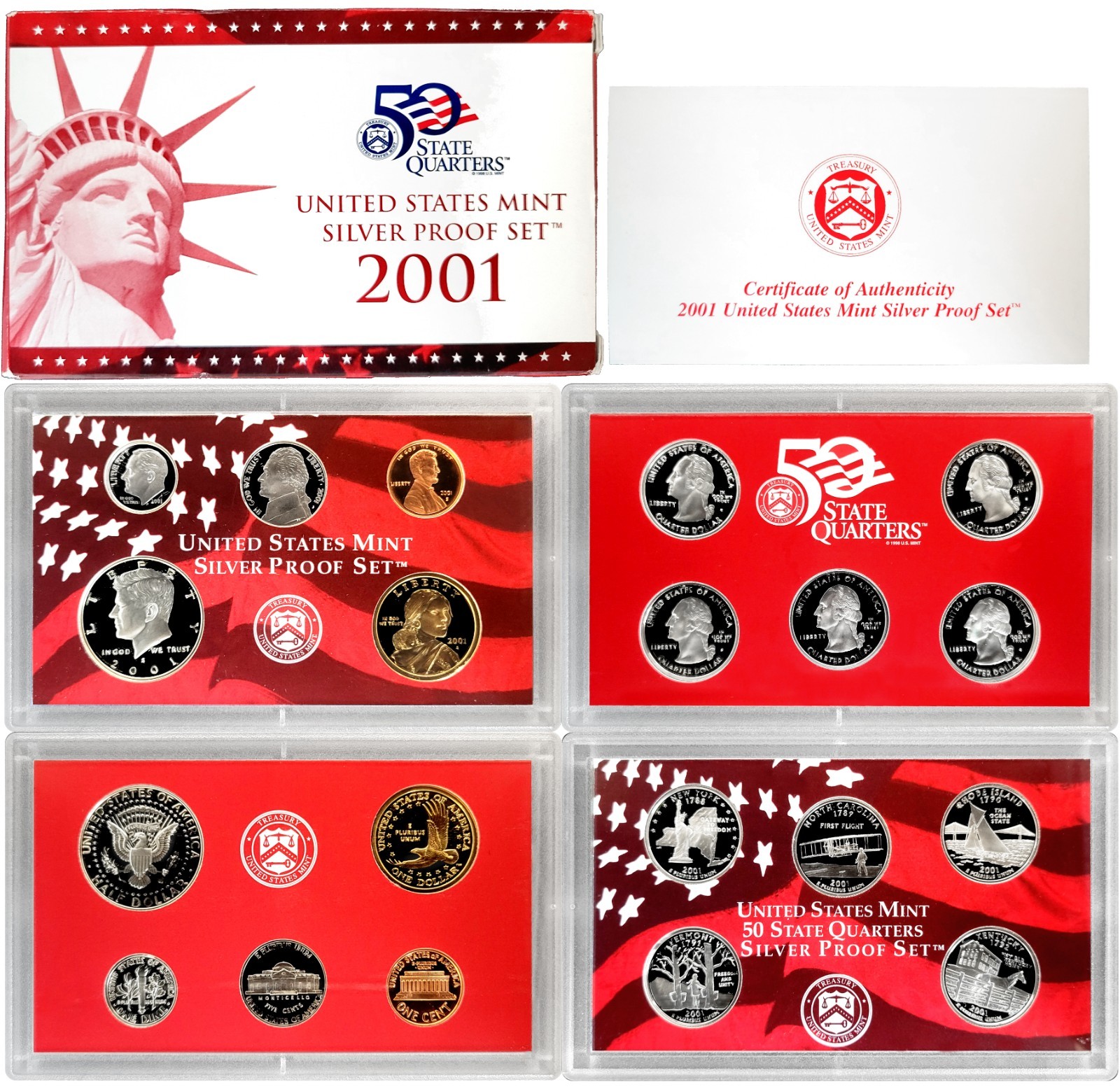 2001 S US Mint Silver Proof 10 Coin Set w/ COA & Original Box  - Nice!