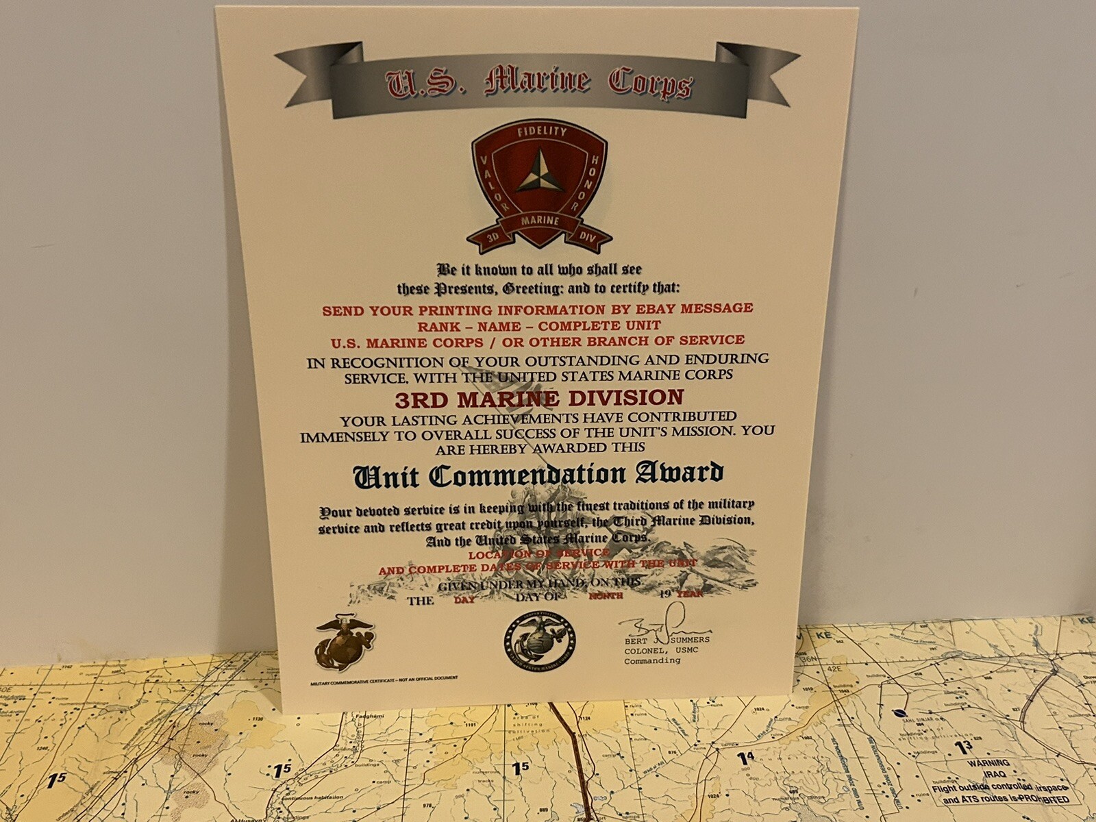 U.S.M.C. / 3RD MARINE DIVISION ~ UNIT COMMENDATION AWARD / CERTIFICATE