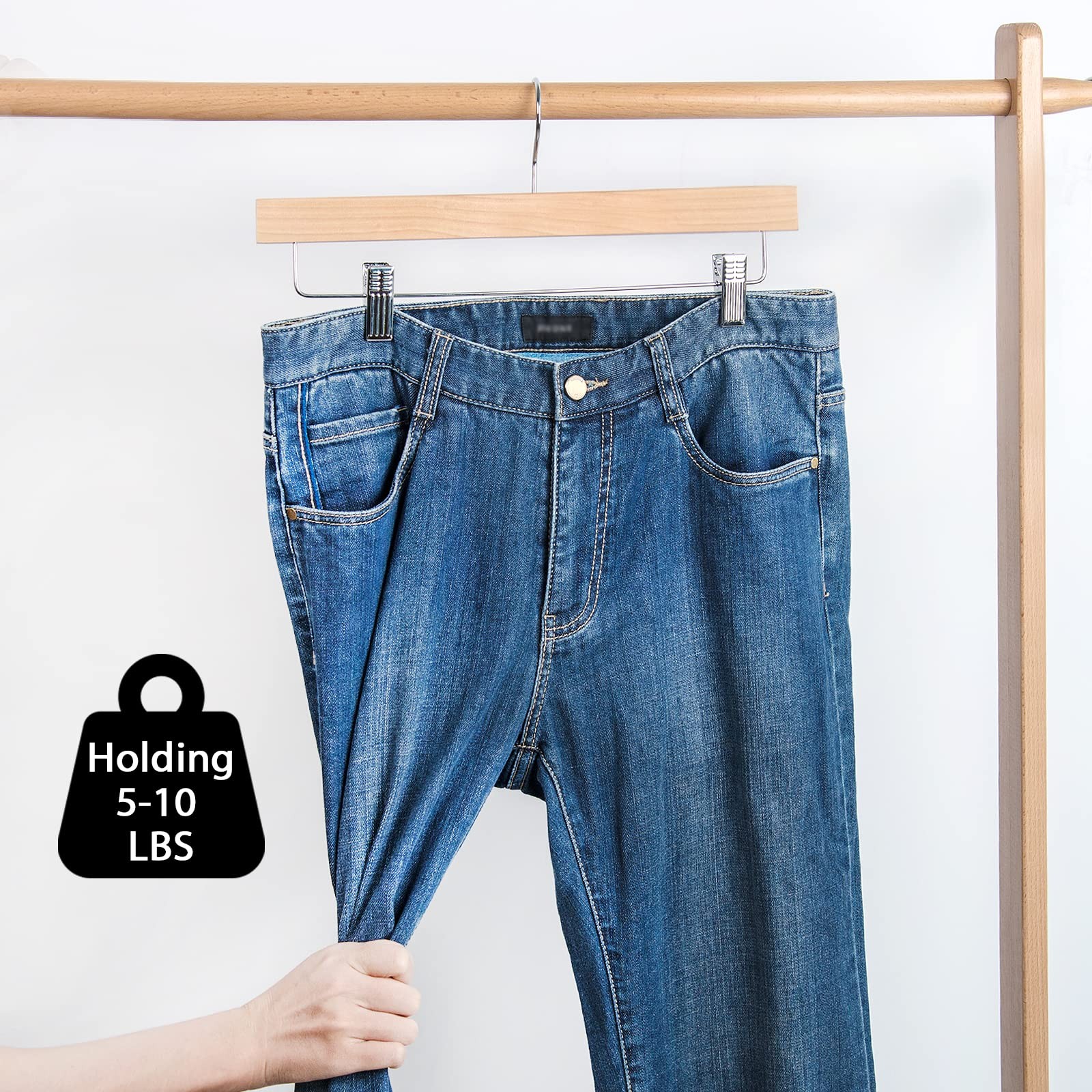 Deluxe Wooden Pants Hangers,Solid Lotus Wood Jeans Skirt Hanger with Clips An...