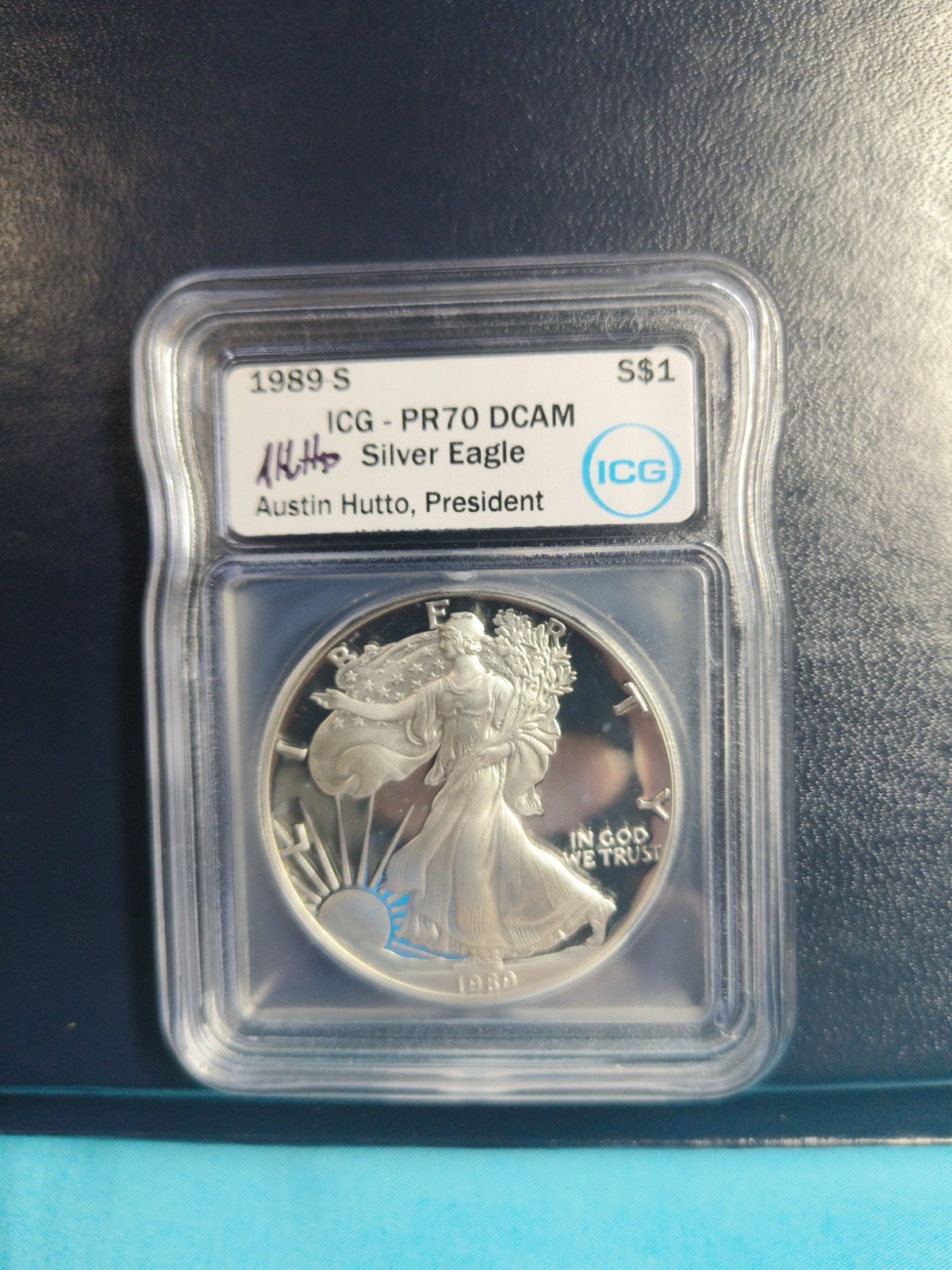 1989 S American Silver Eagle ICG PR70DCAM Austin Hutto Signed E-108