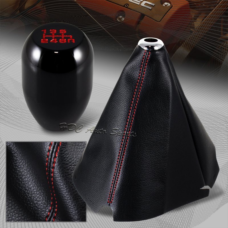 Red Stitch Leather Manual Shift Boot +T-R Black 6-Speed Shifter Knob Universal