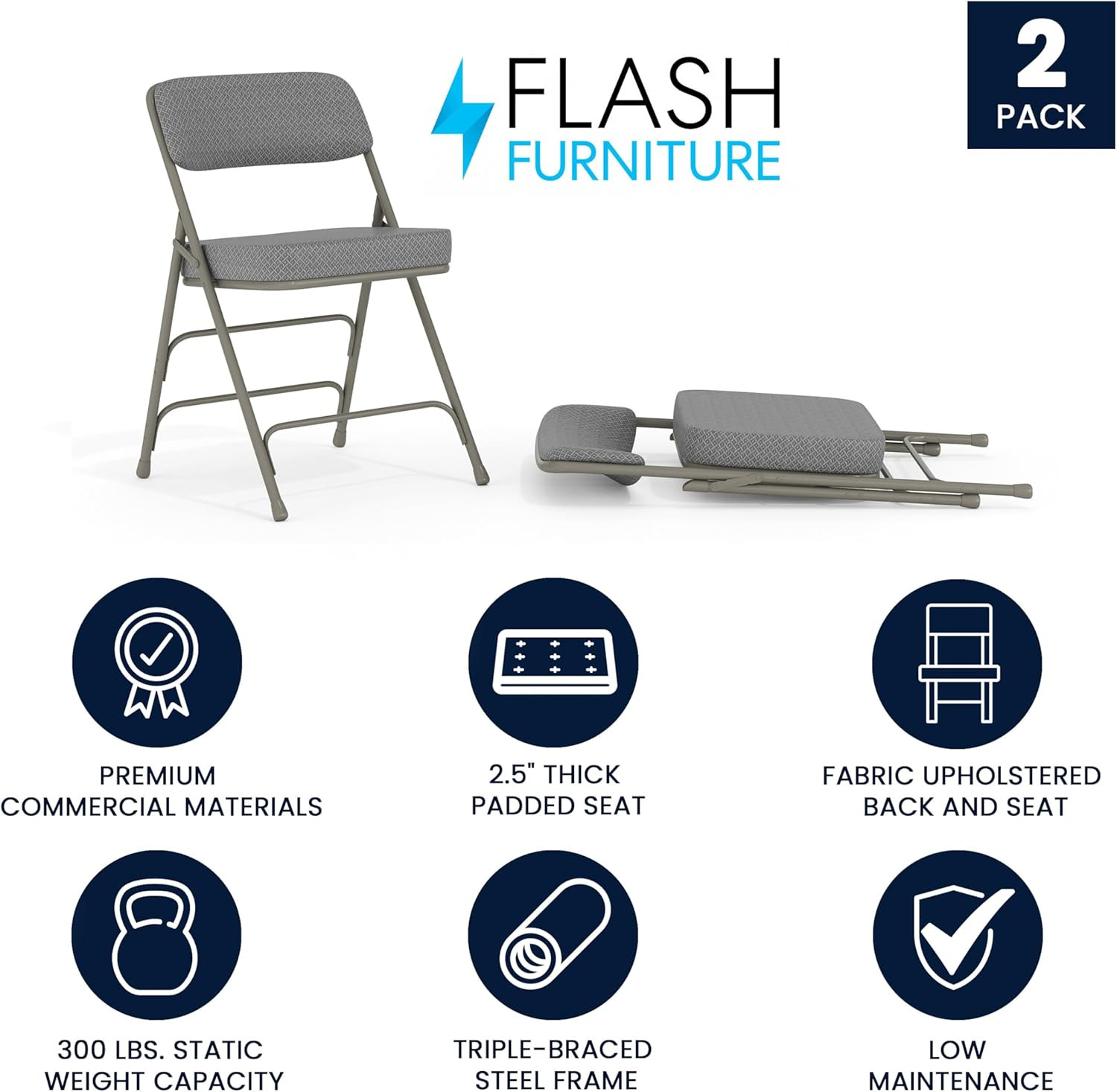 Hercules Series Metal Folding Chairs with Cushioned Seats, Fabric Upholstered Ev