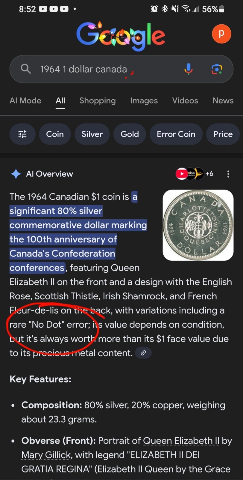 ERROR 1964 Missing Dot Canada Silver $1 Unc-Coin-ORIG Sealed Means HIGH Grade!
