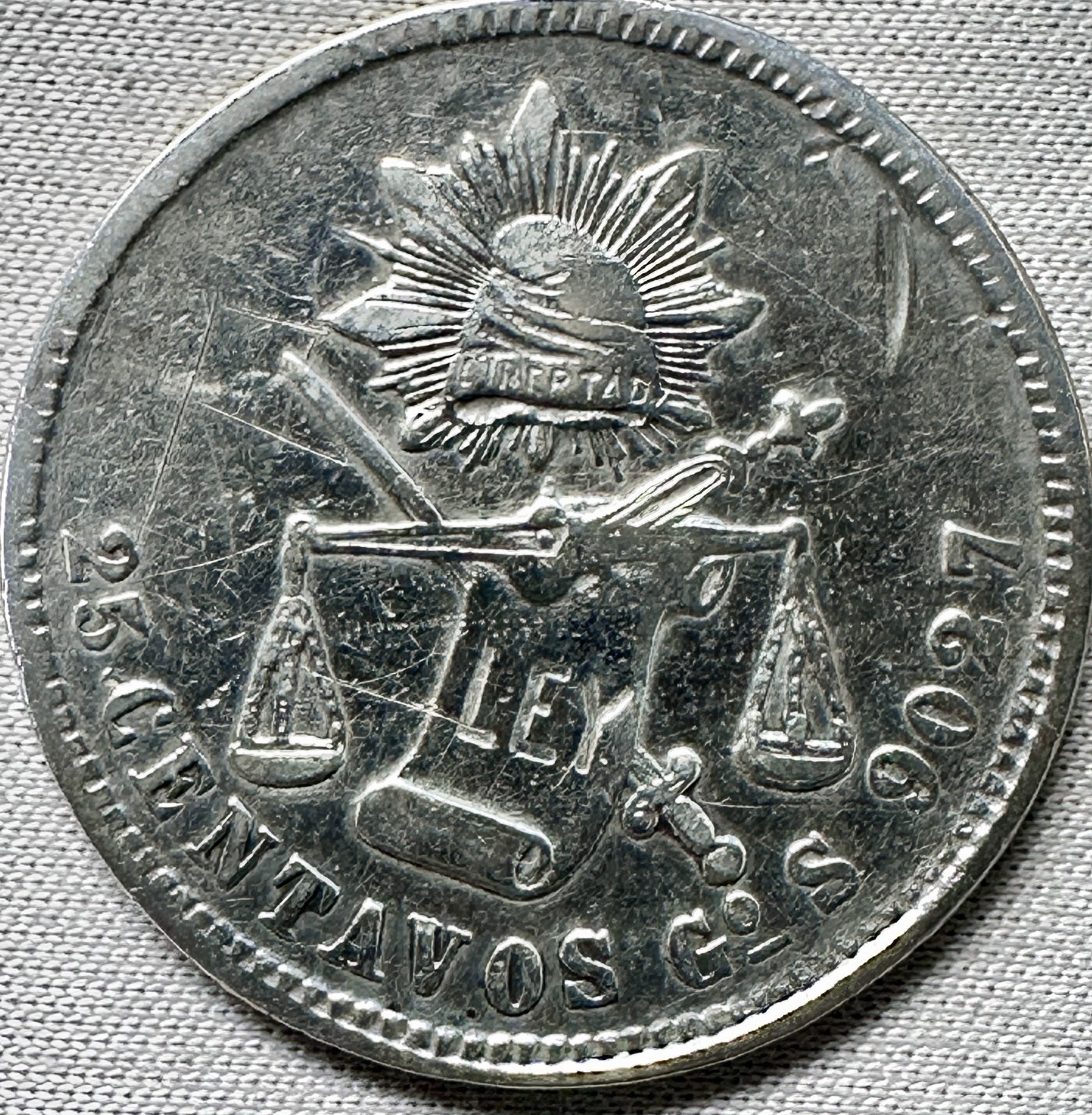 1872 Republic of Mexico 25 Centavos–GoS– Silver 0.9027 KM# 406.5 Guanajuato