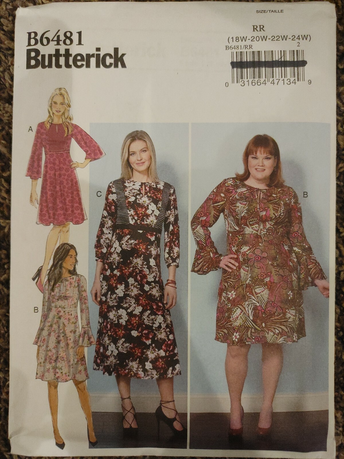 Butterick B6481 High Waist Dress w Contrast Inset, Sleeve Flounce Sz 18-24 UNCUT