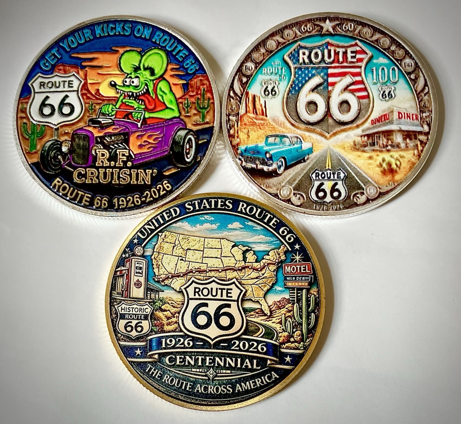 Rt. 66 Challenge Coins-3 Lot-‘55 Chevy-Motorcycle-Silver & Gold Colored-Rat Rod