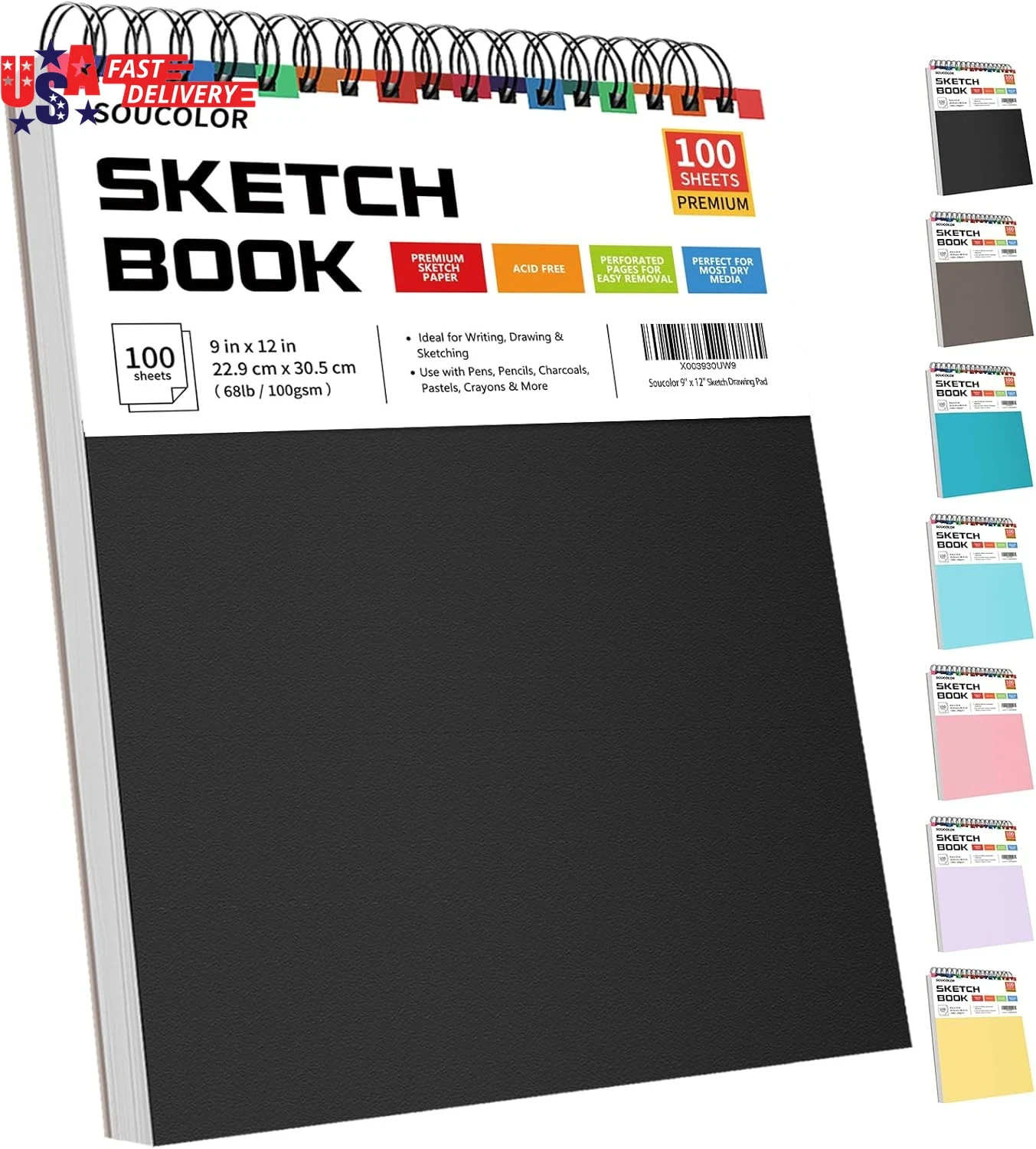 9" X 12" Sketch Book, 100 Sheets Top Spiral Bound Sketchbook with Acid-Free 68Lb