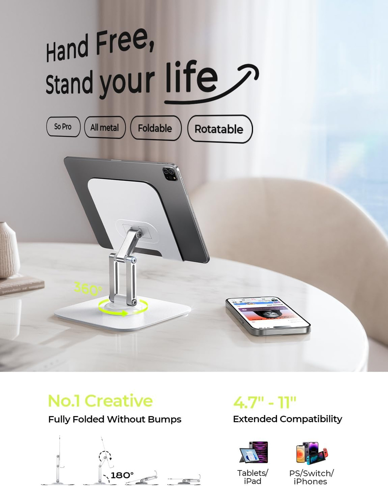 Tablet Stand Holder Adjustable for Desk White 2025 with Rotating Display for