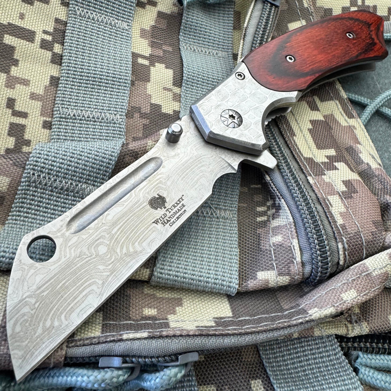 TACTICAL Spring Assisted Pocket Knife CLEAVER RAZOR Damascus Etch Wood Handle