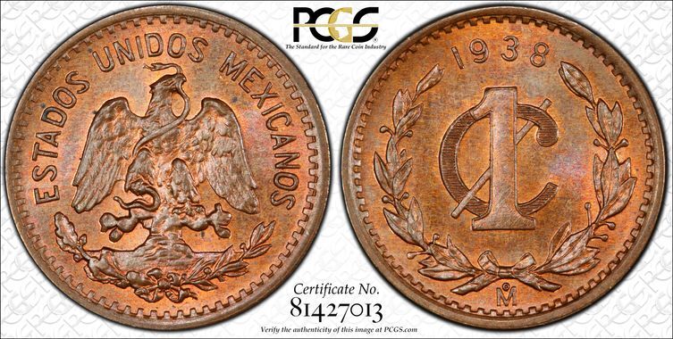 1938 Mo PCGS MS65 BN - MEXICO - 1 Centavo 1c Coin #43515A