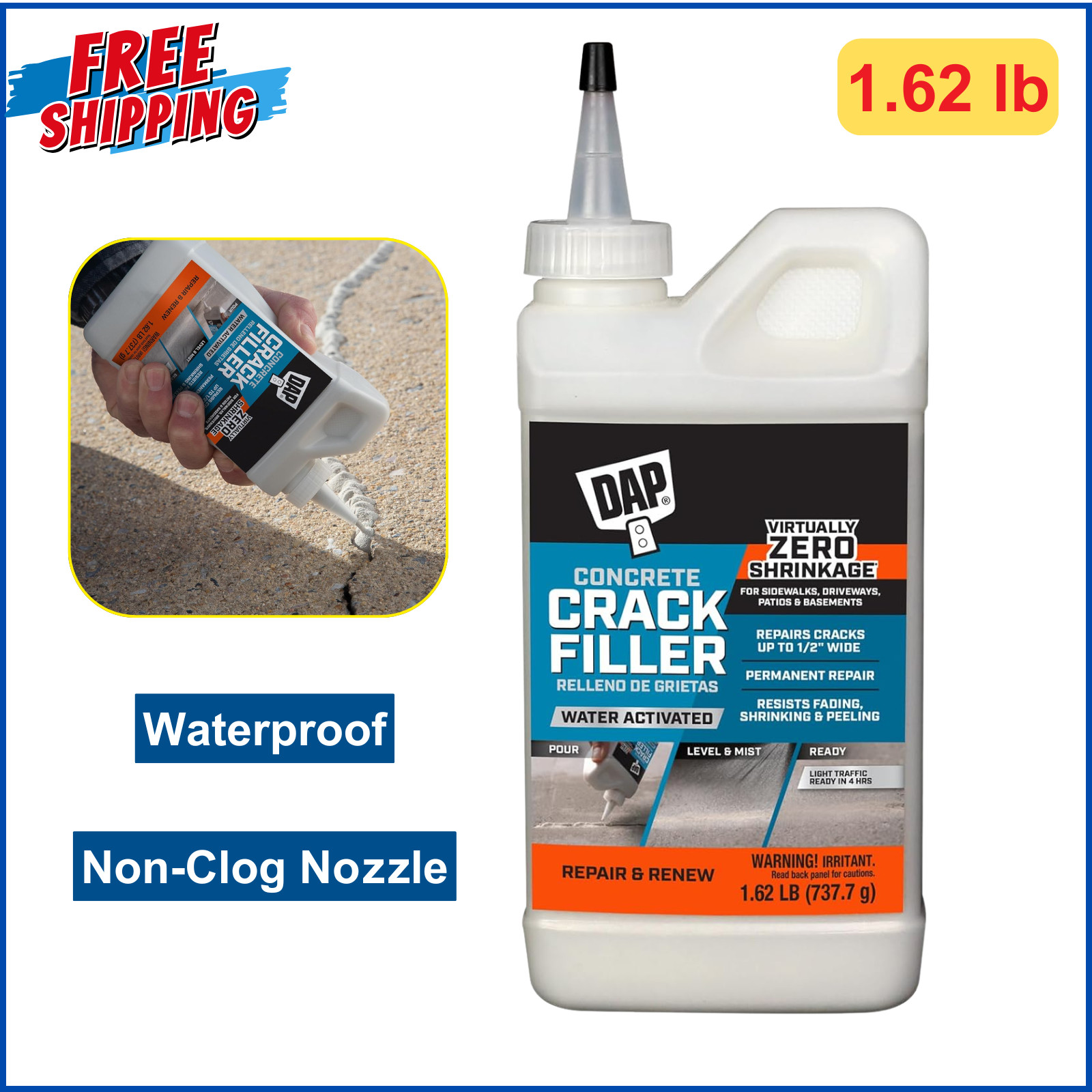 Concrete Crack Filler, Gray 16oz Dry 7079860500 DAP 7079860500 Resists Shrinkage