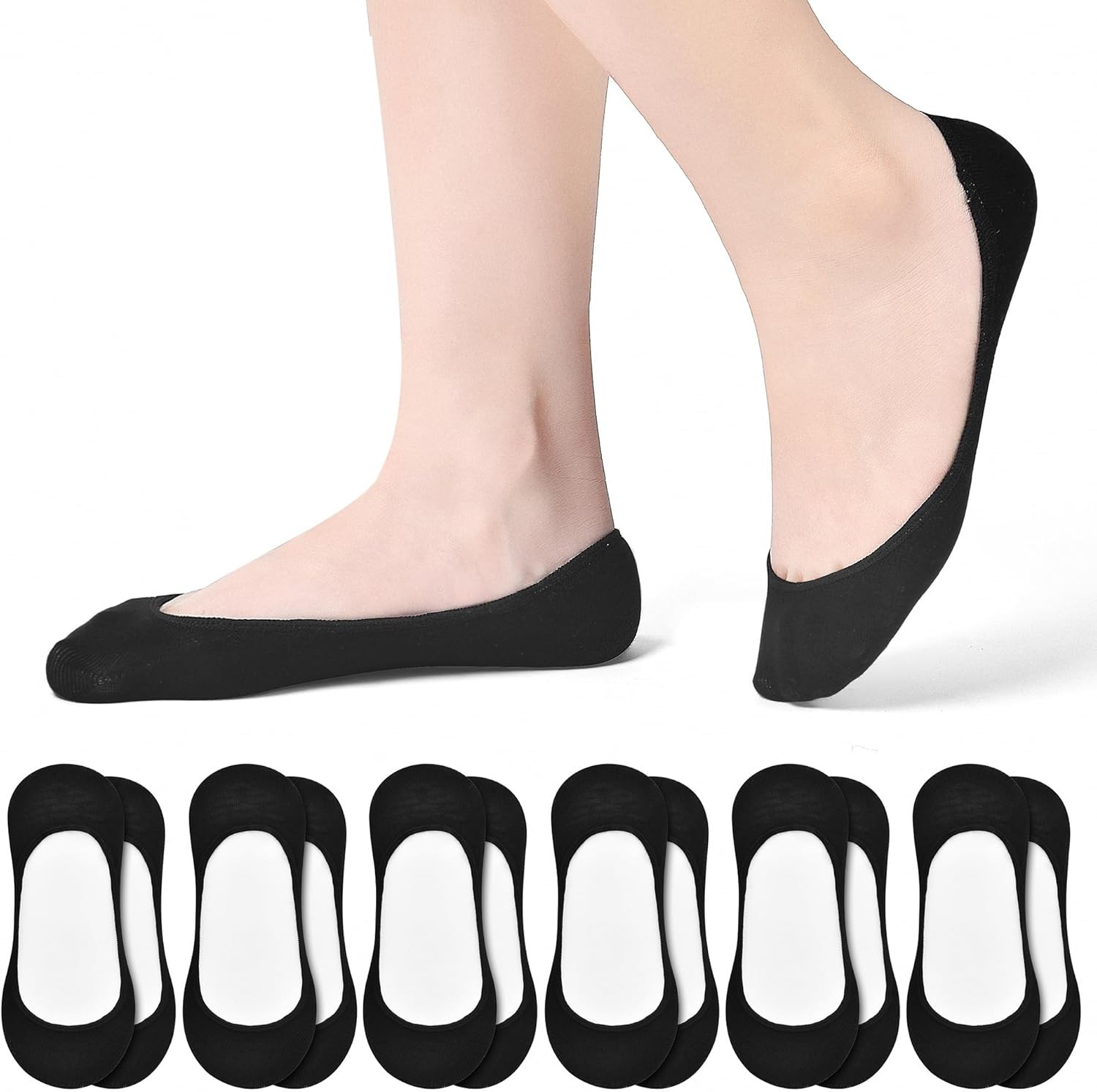 RYI 6 Pairs Cotton Ultra No Show Socks Womens - Non Slip, 5-9, 6 Black