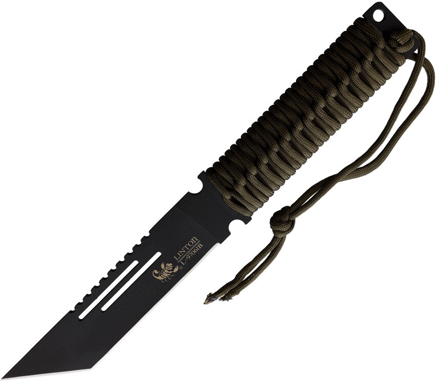 Linton Cutlery Fixed Knife 6" Stainless Steel Blade OD Green Cord Wrapped Handle