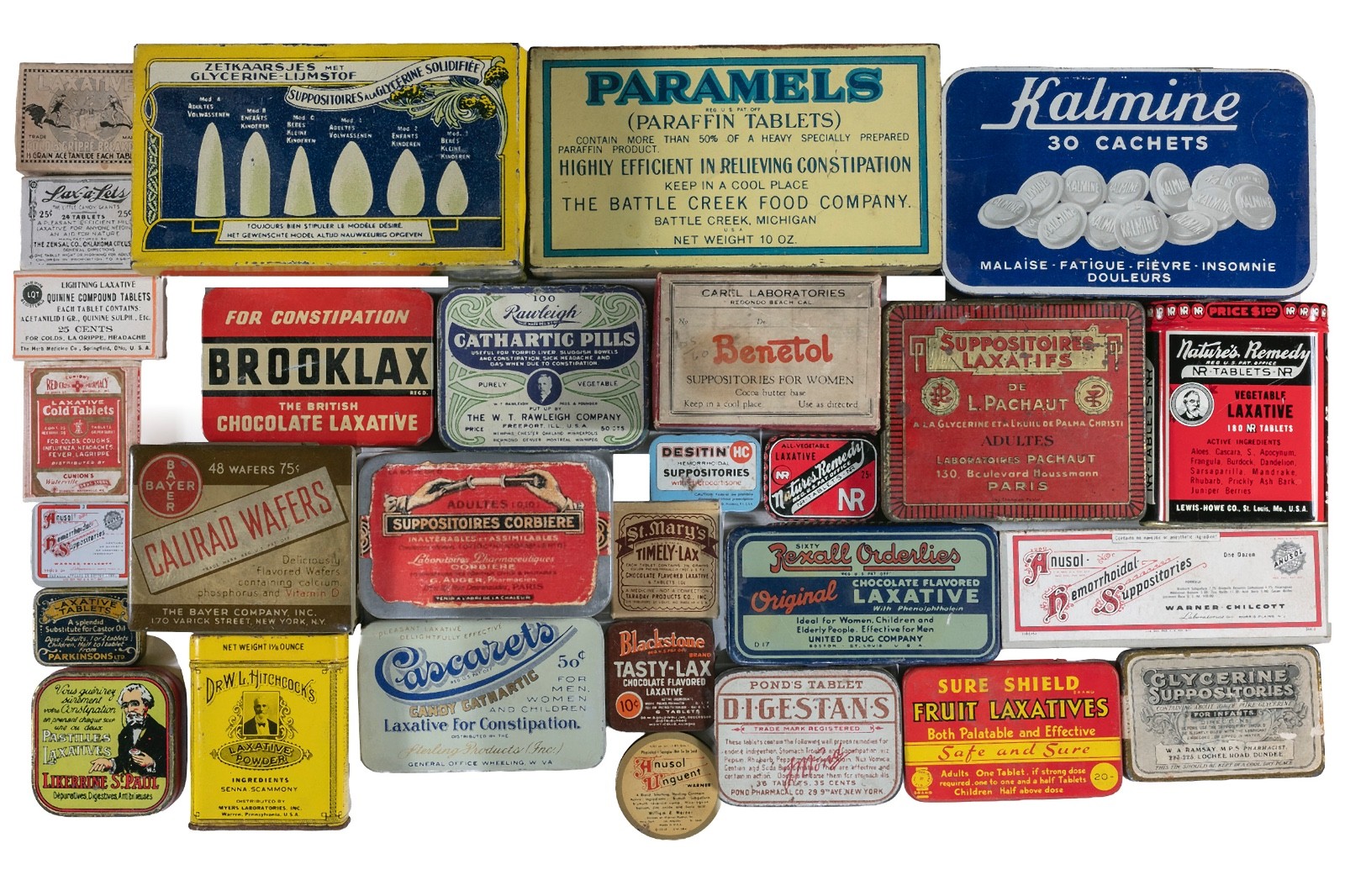 29 vintage US/EU 1900/1930s  laxative/suppository tins and boxes in good cond