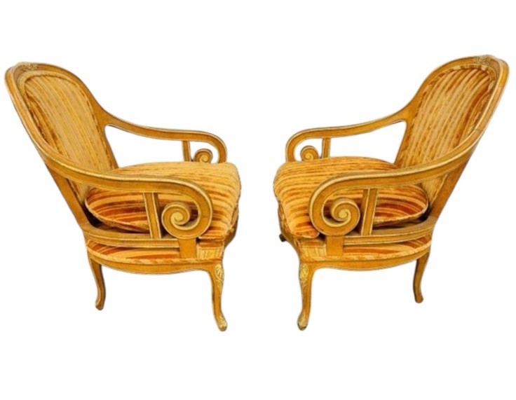 Vintage Decorative Orange Upholstered French Style Arm Chairs - Set of 2