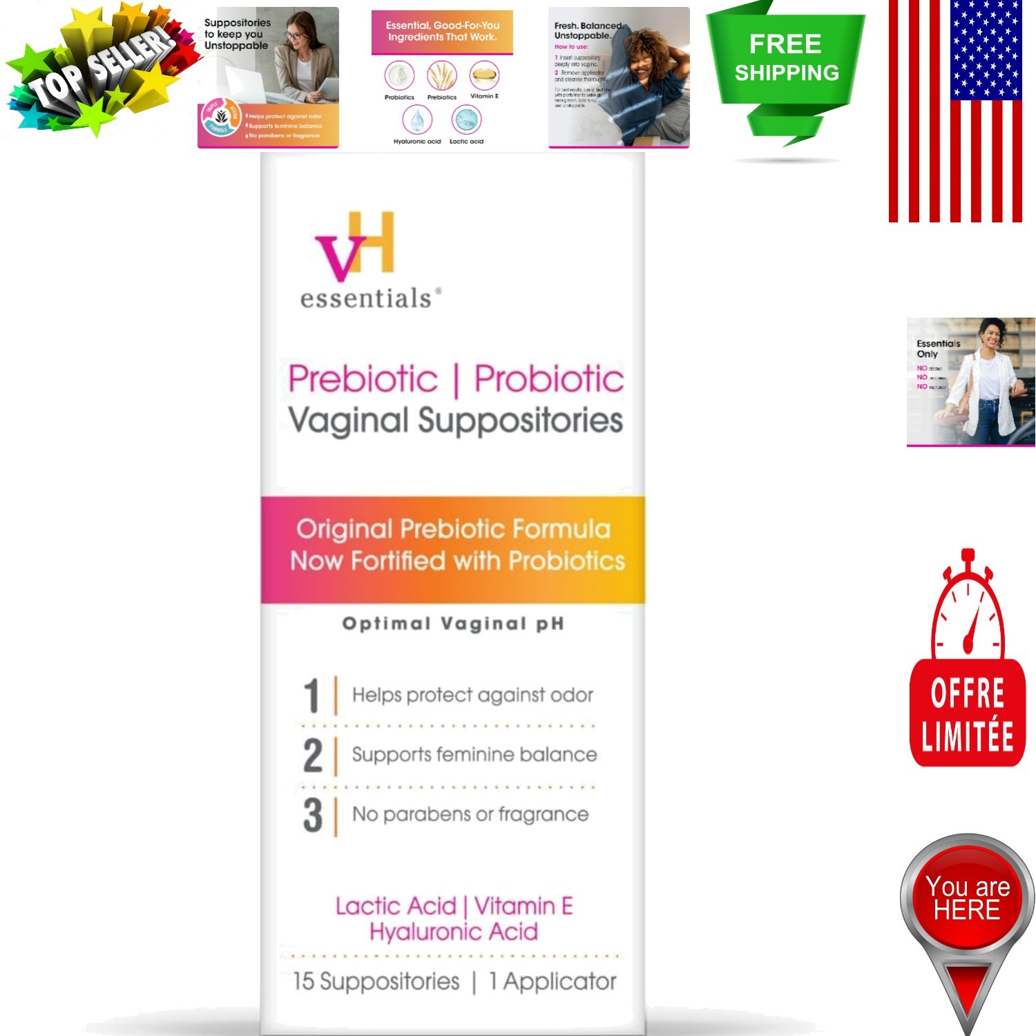 15 Count pH Balanced Vaginal Suppositories for Odor Protection & Freshness