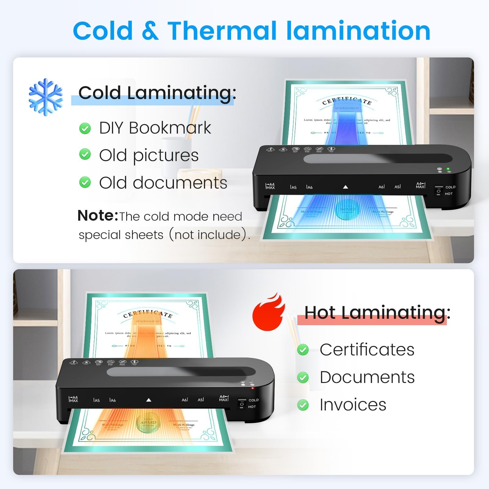 Laminator Machine, A4 Laminators Hot & Cold with 20 Laminating Sheets and Tri...