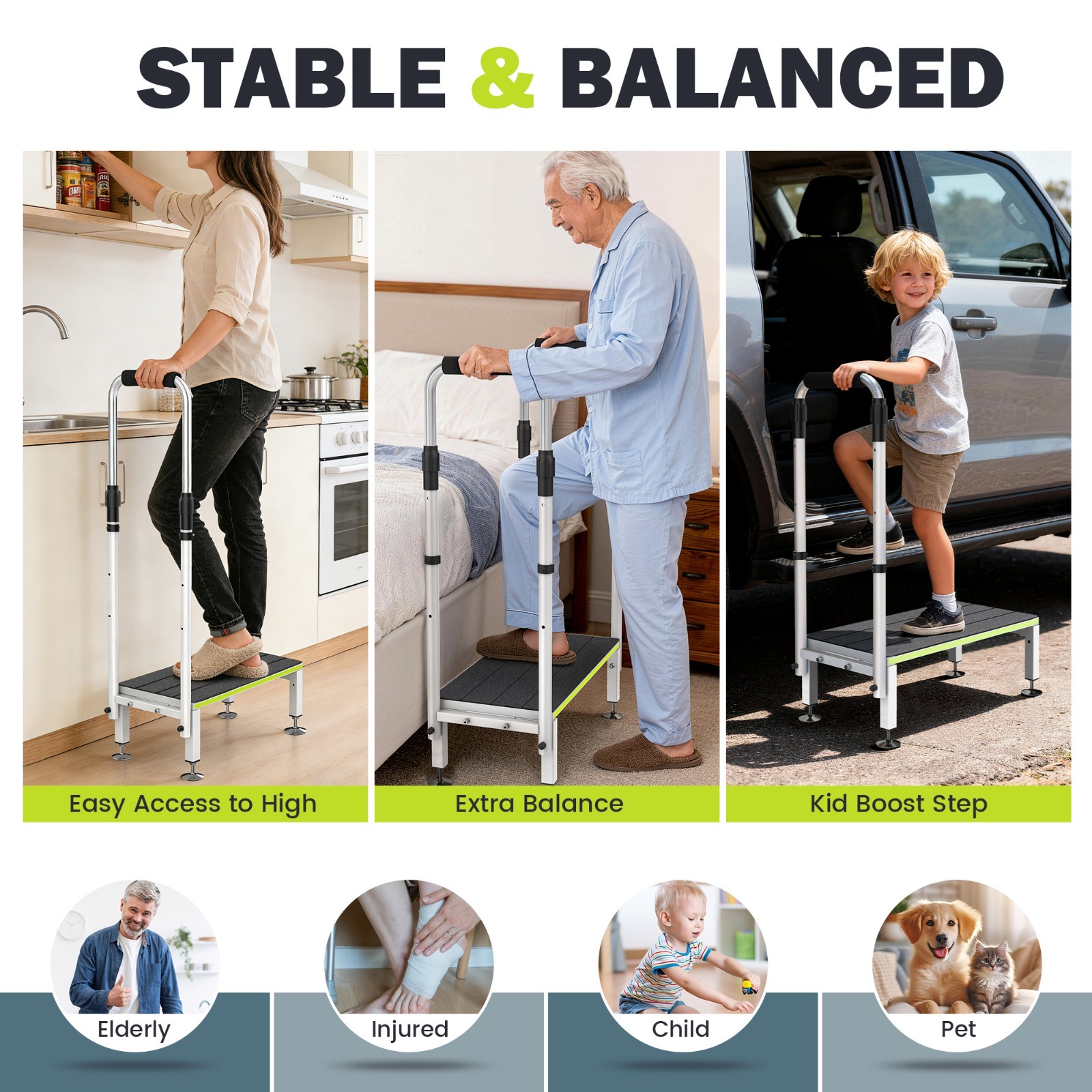 Step Stool with Handle for Elderly,Wide Platform and Anti-Slip Mats