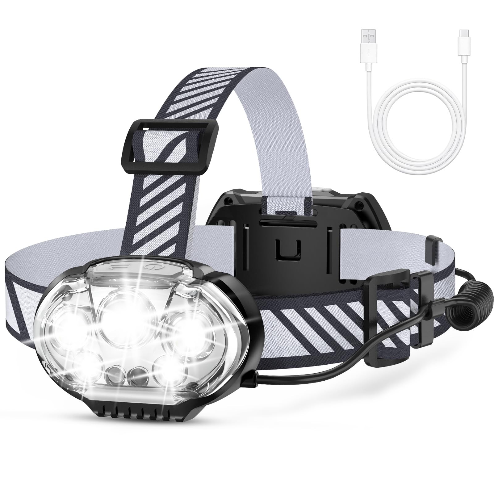 MIOISY Rechargeable Headlamp, Ultra-Bright 5 LED Head Lamp Red 1-Pack, Gray
