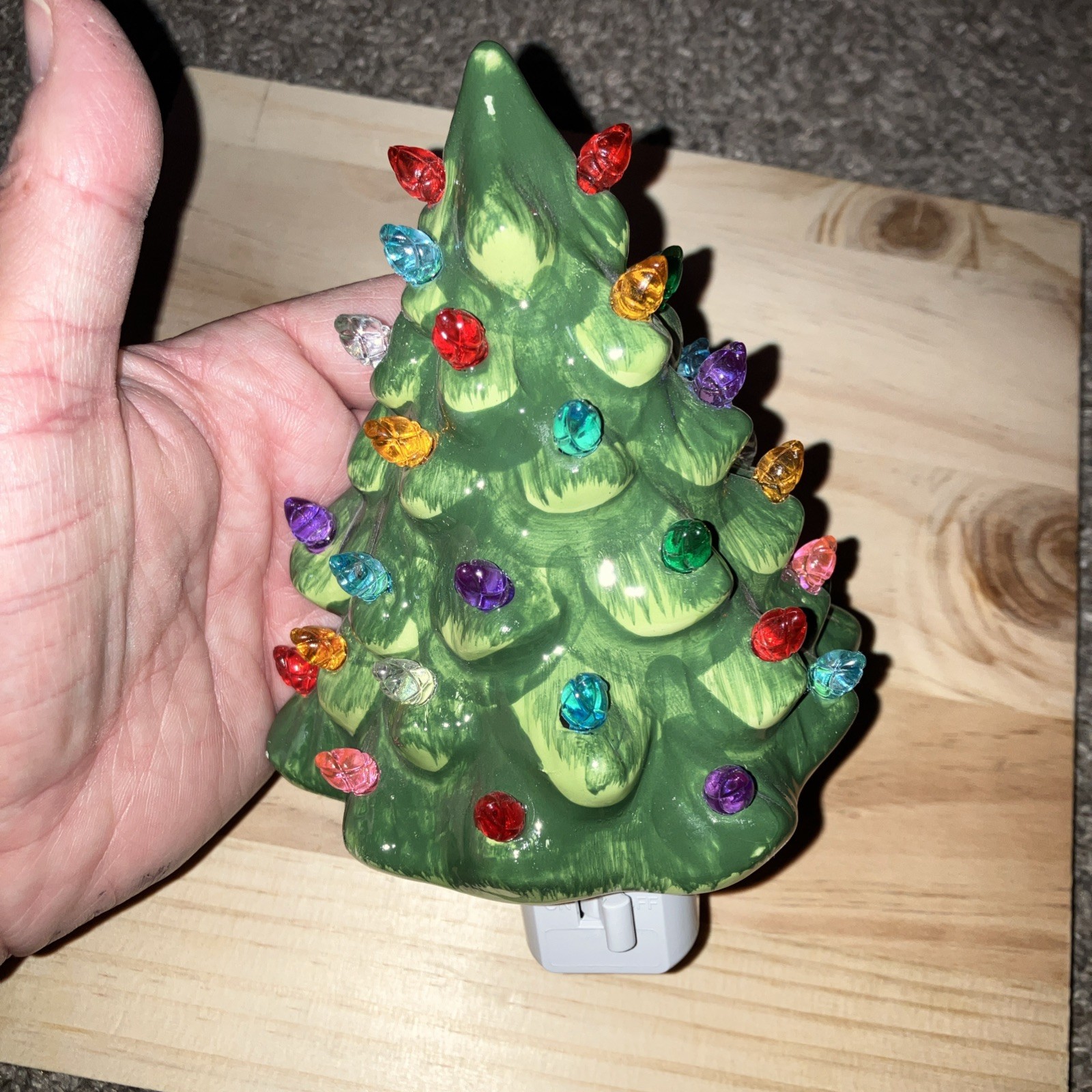 Ceramic Light Up Christmas Tree Night Light Green With Multicolored Bulbs