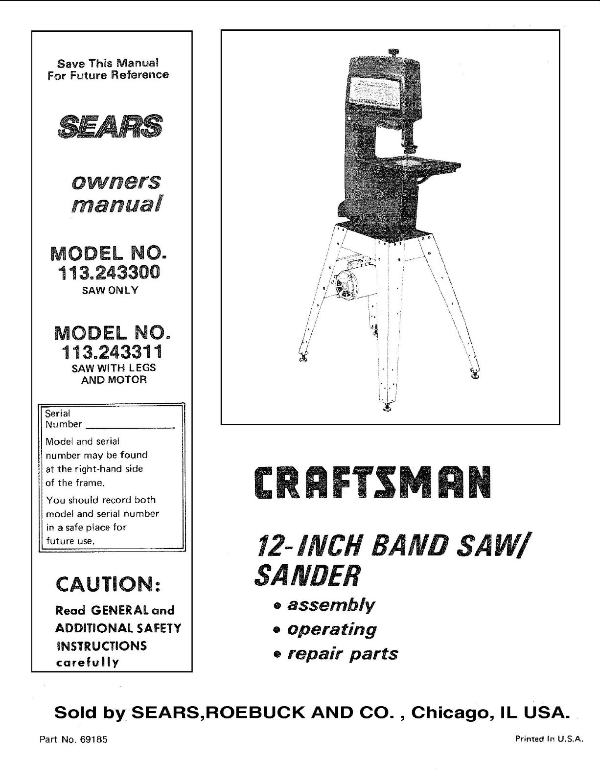 Craftsman 12" Bandsaw Operators Manual 113.243300