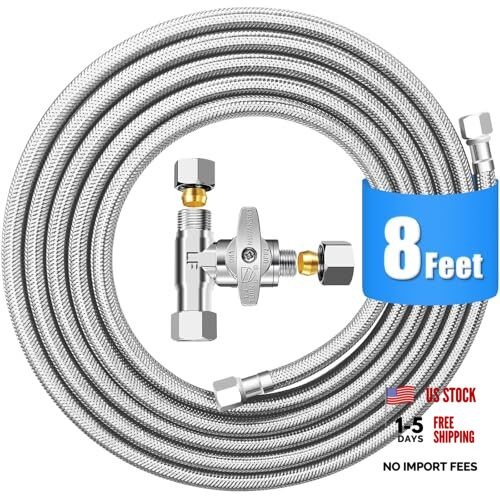 Refrigerator Water Line Kit - 8FT Stainless Steel Braided Ice Maker Water 8 FT