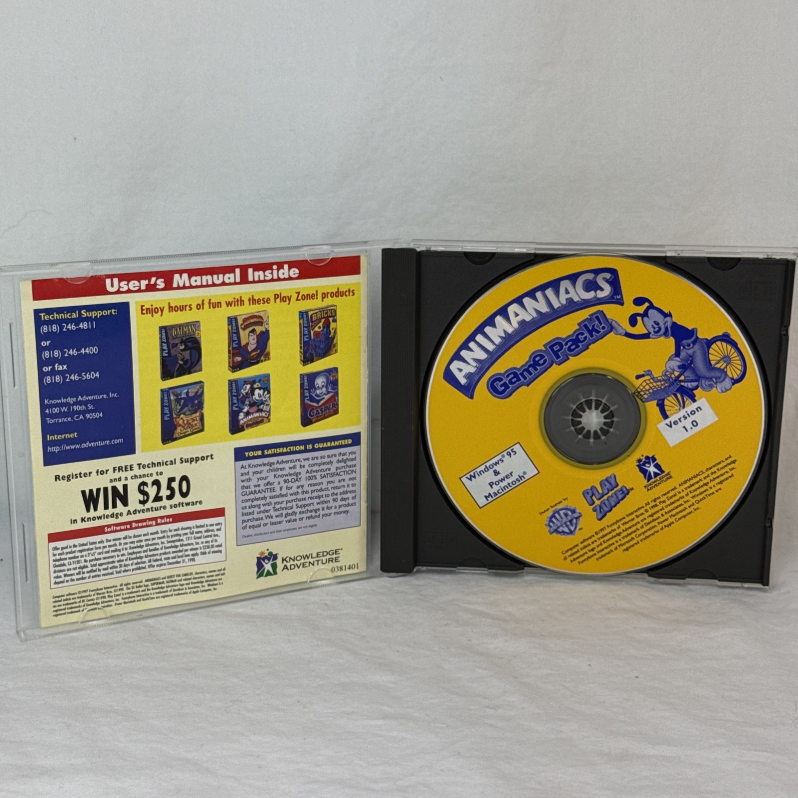 Animaniacs Game Pack PC CD ROM Windows 95 Play Zone VTG CIB Complete Funny Bone