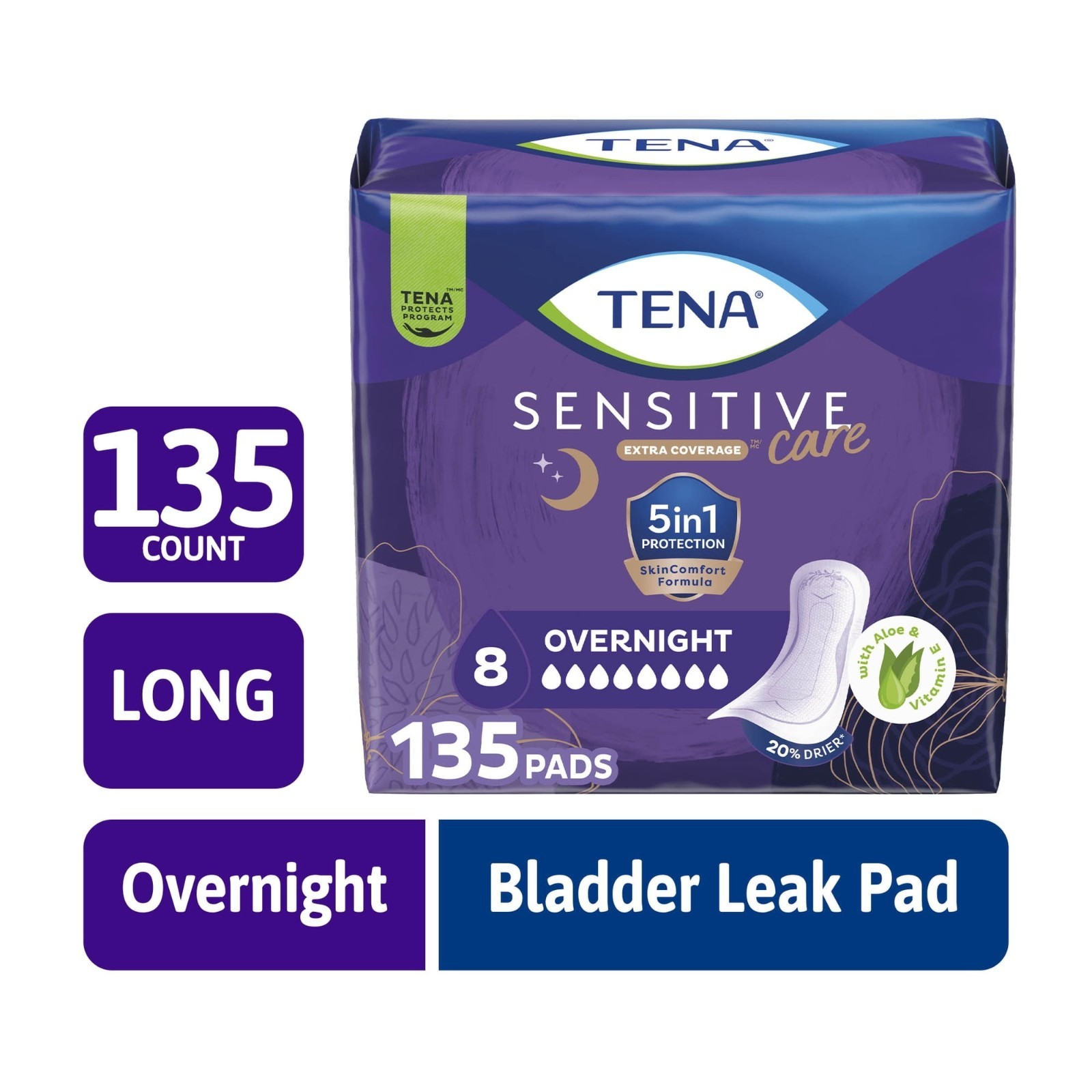TENA Sensitive Care Overnight Incontinence Pads, 135ct