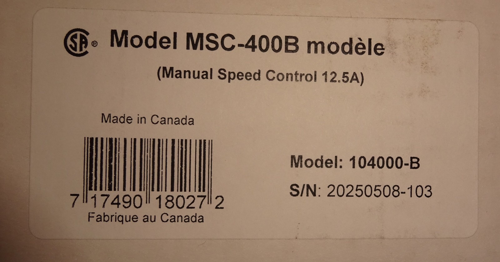 Schaefer MSC-400B Manual Variable Speed Control MSC400B 120/240 VAC NEW