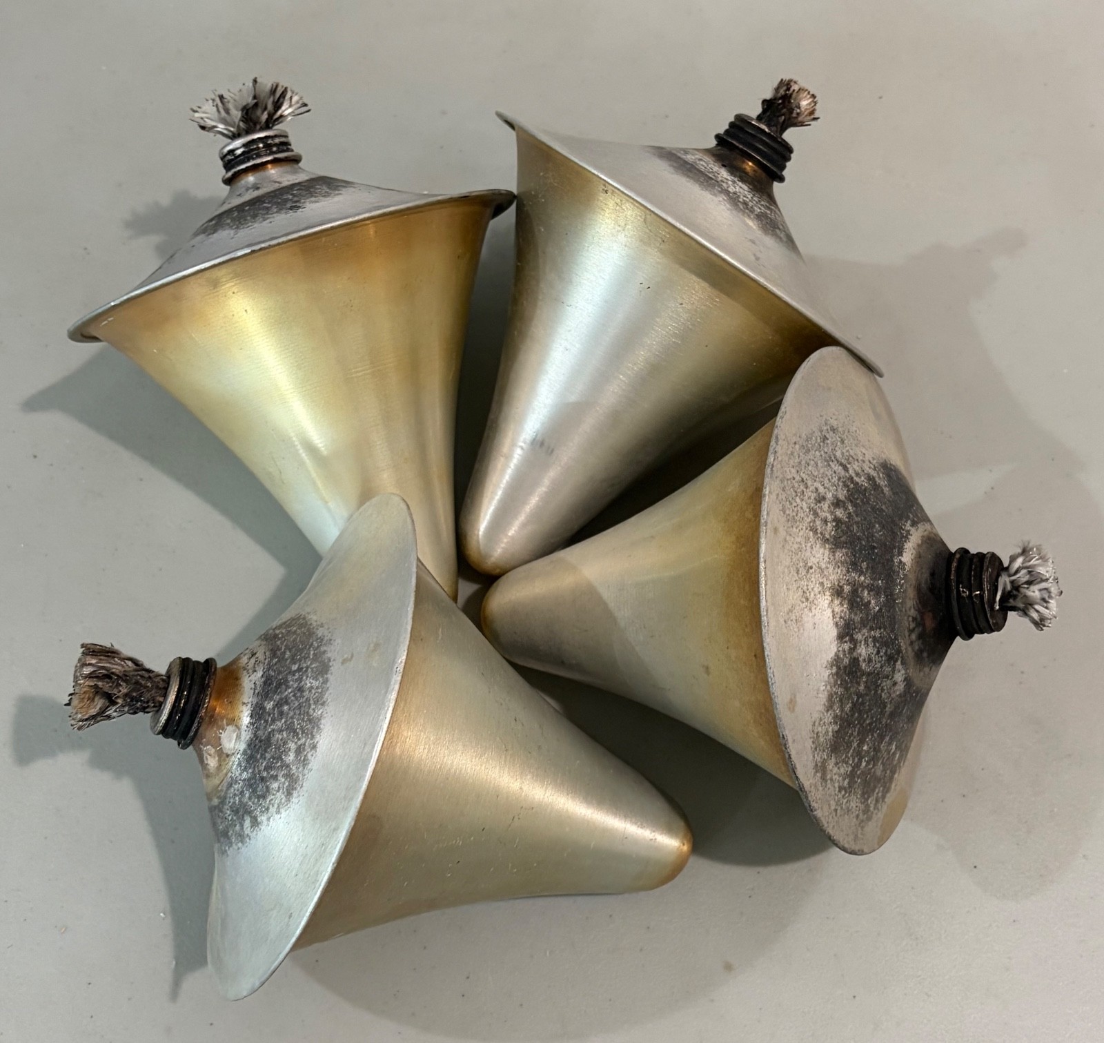 Vintage Aluminum Metal TIKI TORCH CAPS TOPS CONES Set of Four Patina