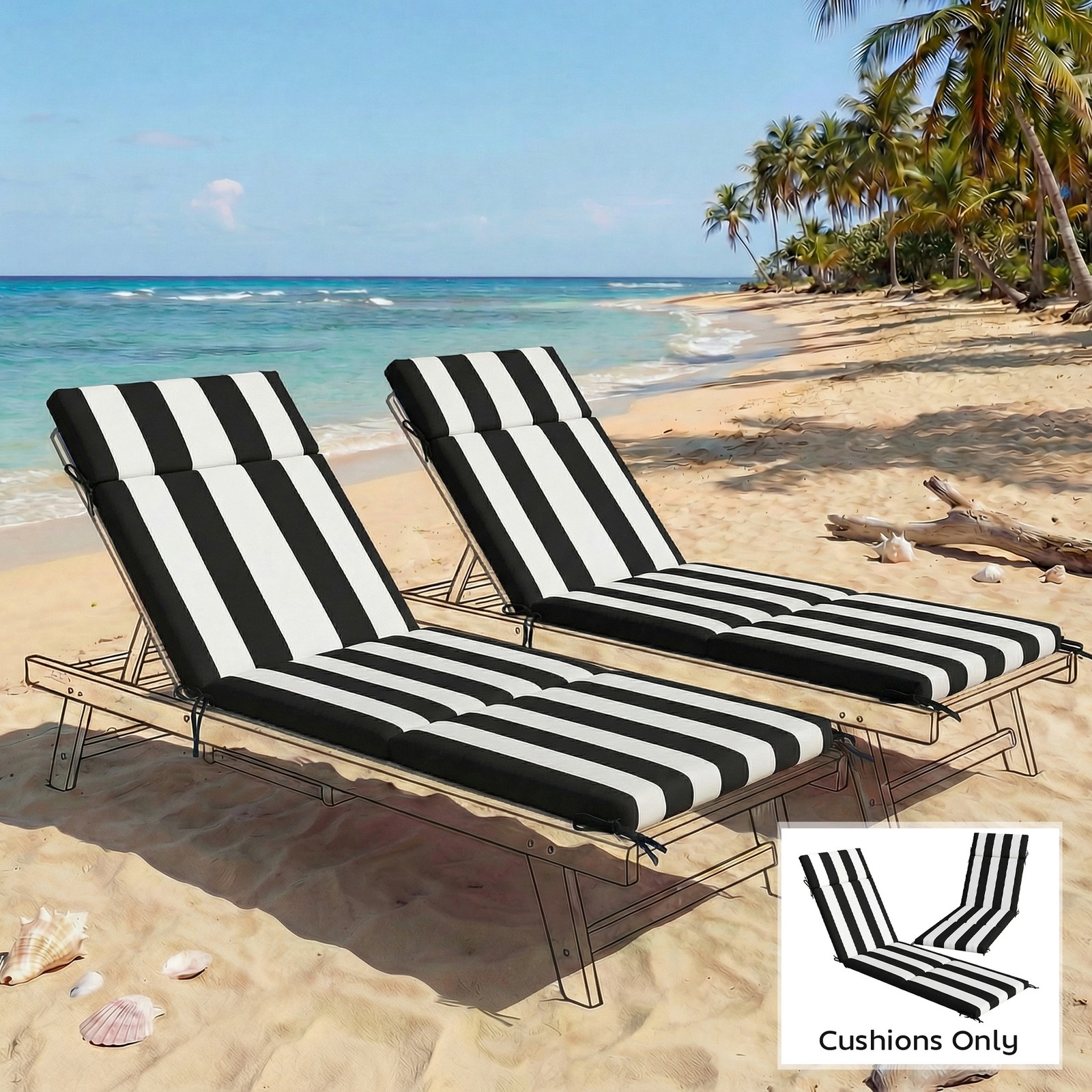 Outsunny Outdoor Chaise Lounge Cushions Set of 2 with Ties, Black and White