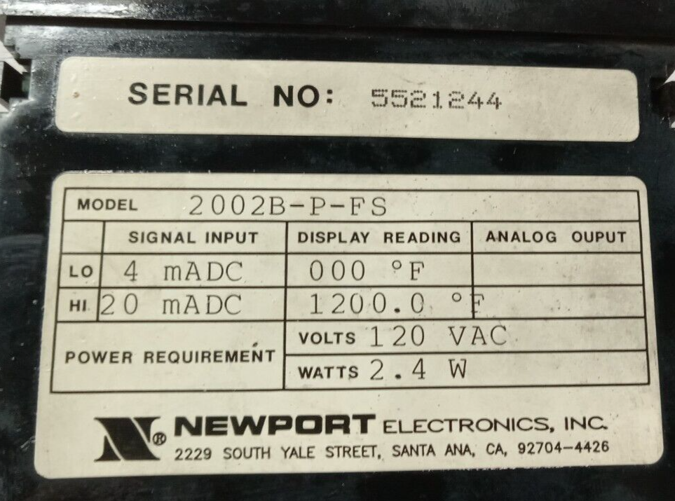 NEWPORT DIGITAL PROCESS PANEL METER 4-20 mADC 120 VAC 2002-B-P-FS