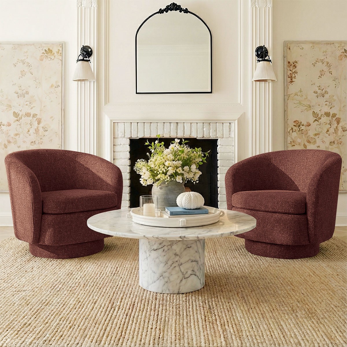 2x Barrel Accent Armchair Round Swivel Base Textured Fabric Single Sofa Chair