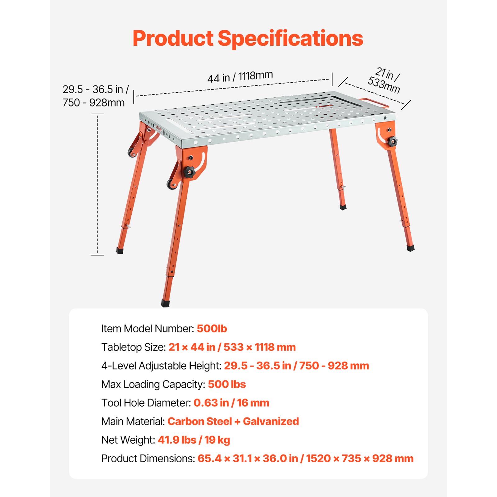 Welding Table 44" x 21" 500LB Folding Workbench Adjustable Height