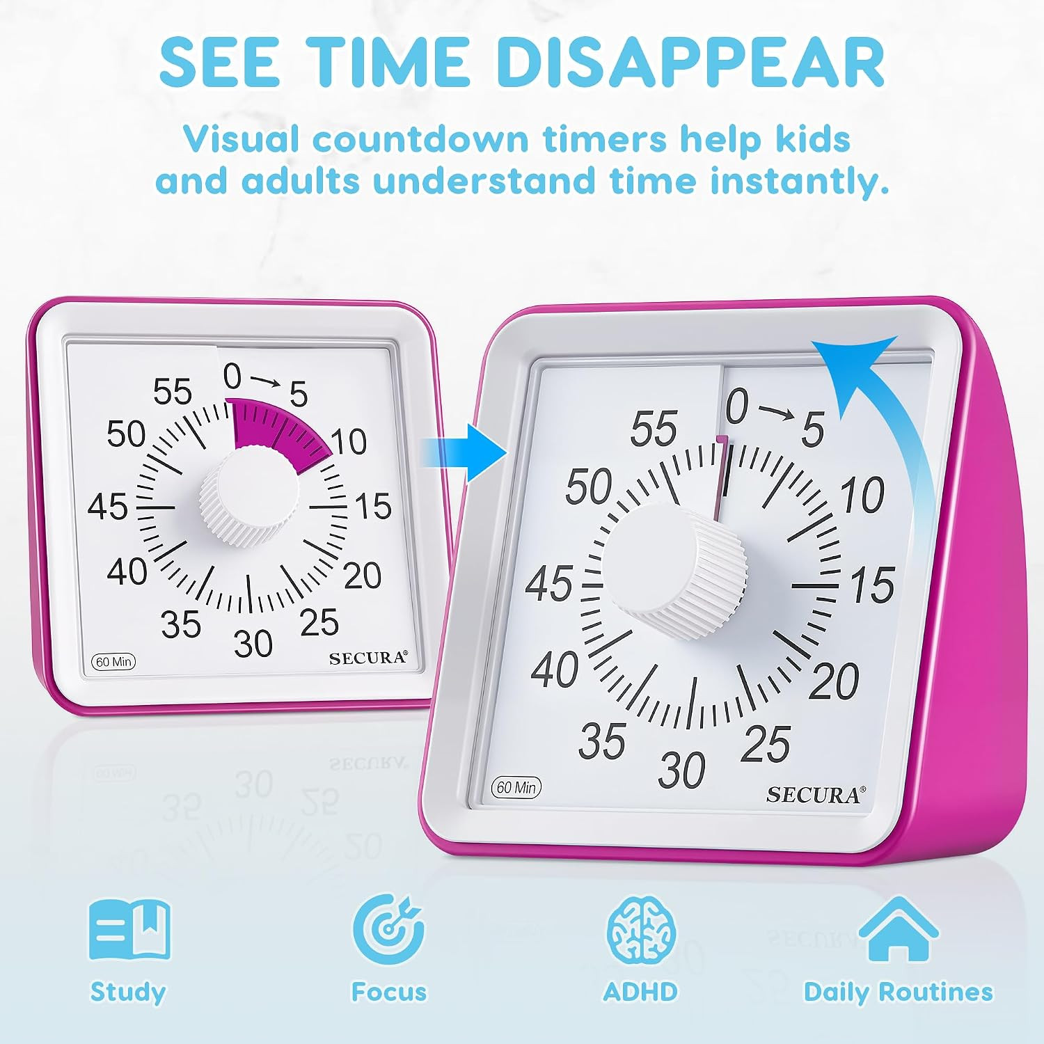 Visual Timer for Kids, 60 Minute Classroom Countdown Timer for Study | Non-Ticki