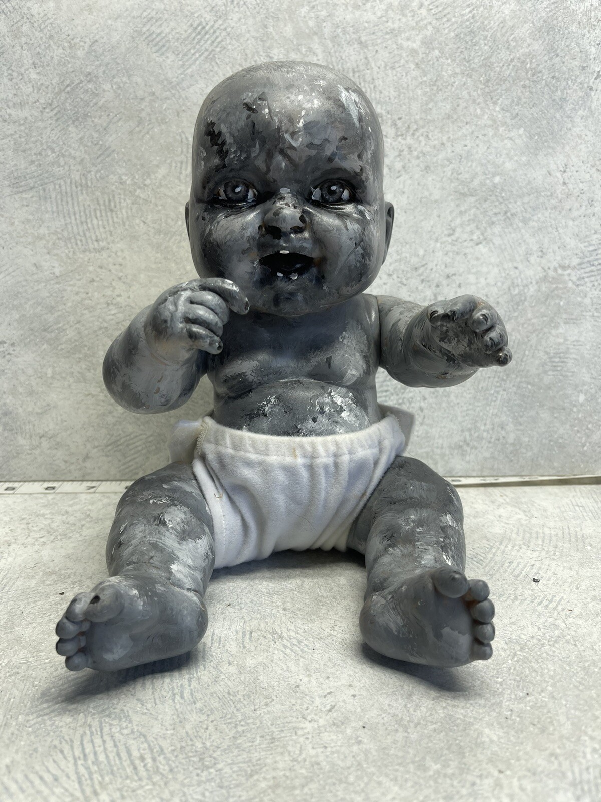 HALLOWEEN BABY HAND PAINTED GREY - Articulated handpainted scary baby doll 9”