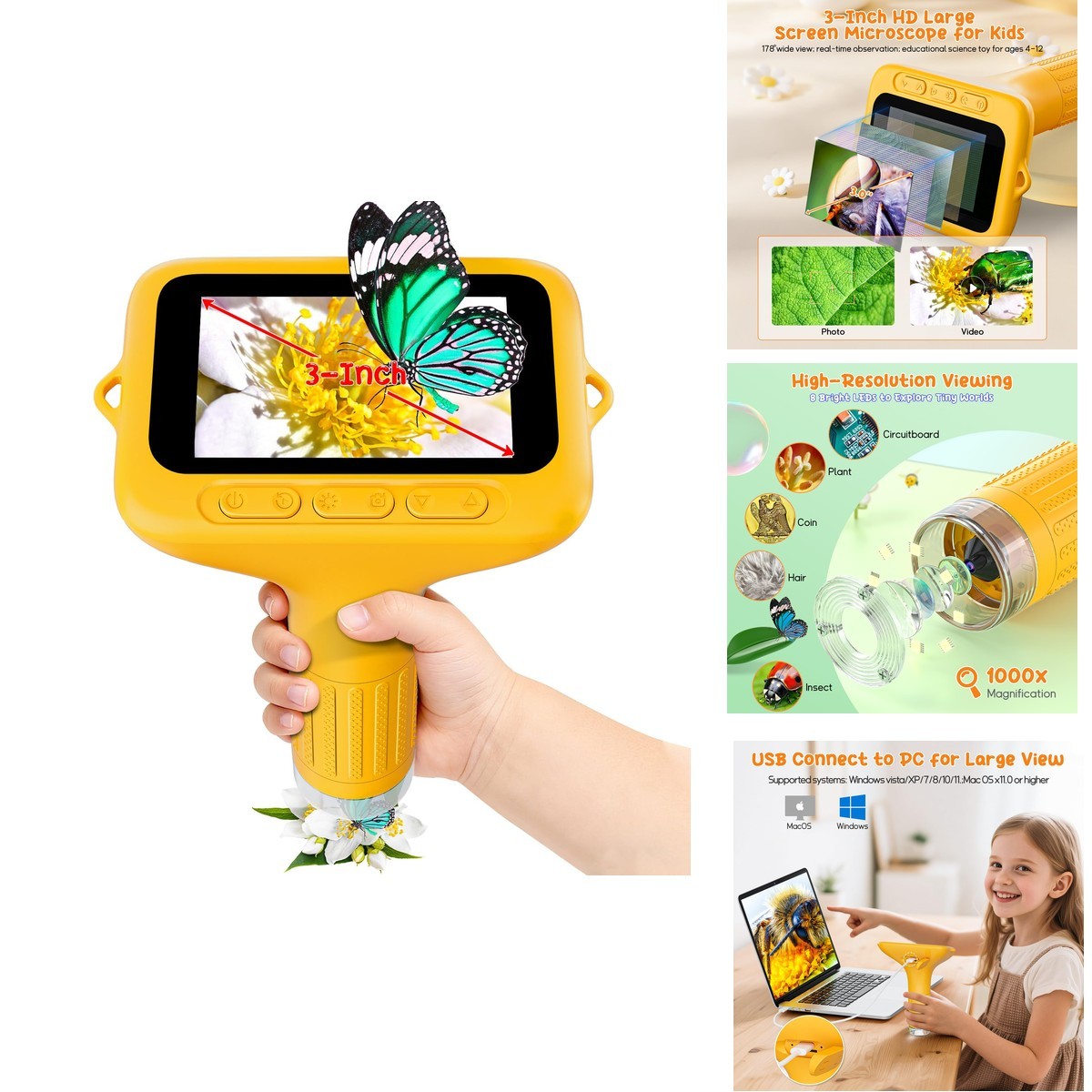 SKYBASIC Digital Microscope for Kids 3" Screen 1000X Handheld HD Pocket - Yellow
