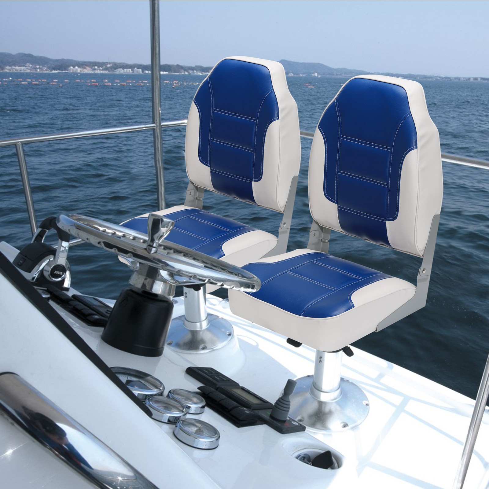 Garvee 2 Pack High Back Folding Boat Seats Thick Sponge Padding PVC Blue White