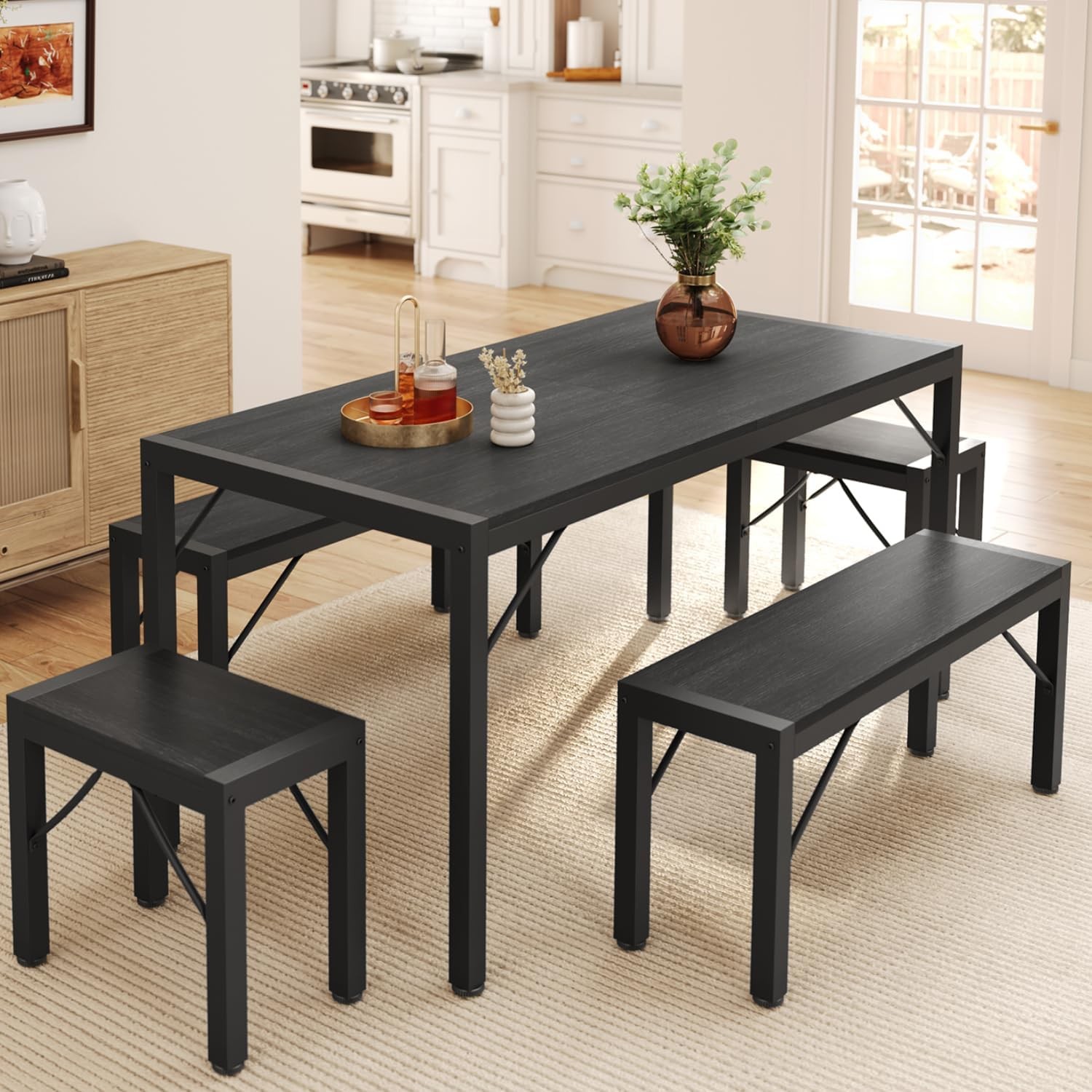 63" Dining Room Table Set 6 Kitchen Table W/ 2 Benches & 2 Stools Dining Table