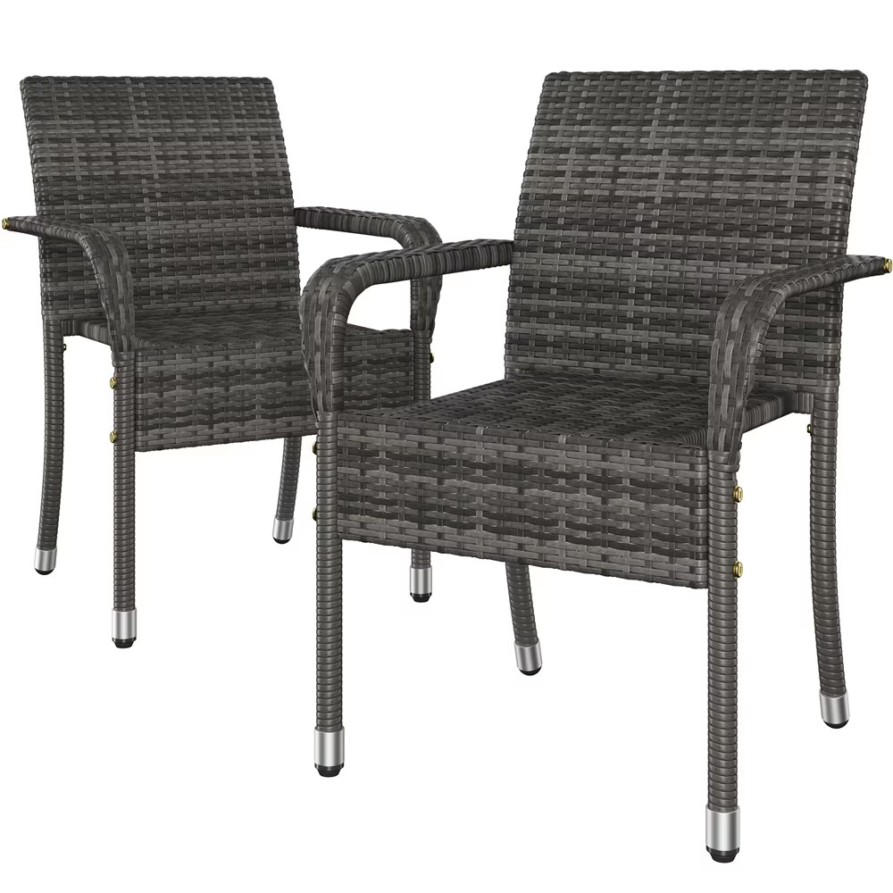 Outdoor PE Rattan Chair with Armrests and Adjustable Footpads, Set of 2, Gray