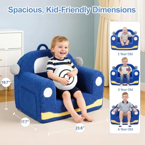 Toddler Chair for Ages 1–6, Soft Sherpa Kids Sofa with Book Pocket & Carry